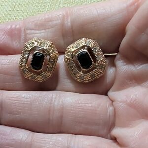 Vintage Black And Goldtoned Stud Pierced Earrings Signed  Roman